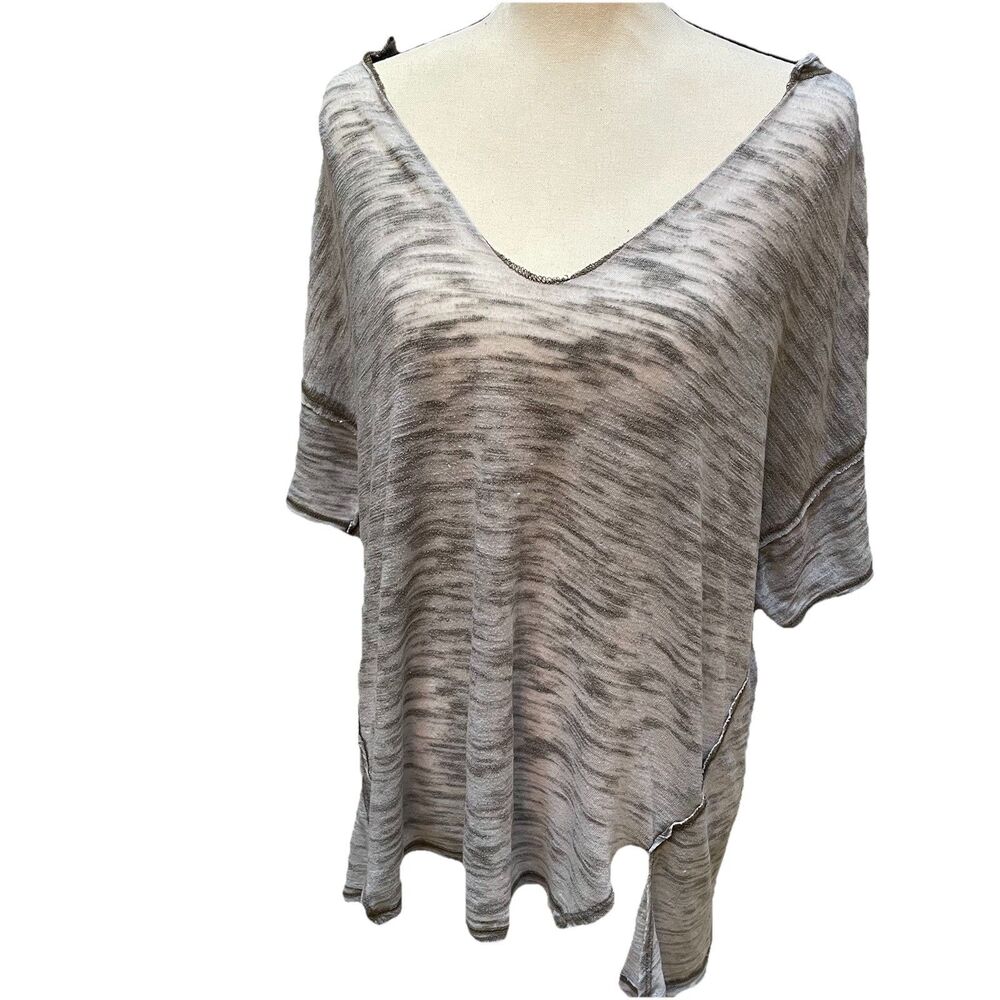 Free People We The Free Tee Small Maddie Burnout Grey Brown Contrast V Neck Boho